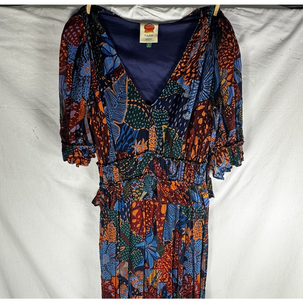 Farm Rio Blue Cool Leopard Print Ruffle Maxi Dress Small Belted V Neck Sun Wear - Picture 2 of 16